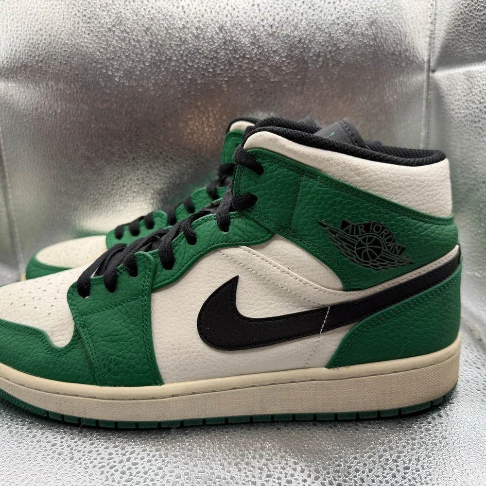 Size 12 Nike‎ Air Jordan 1 Mid Leather Pine Green Mens Sneaker Shoes 852542-301
